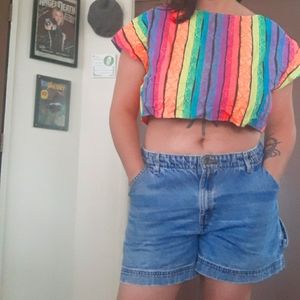 Vtg 80s Neon Rainbow Crop Top